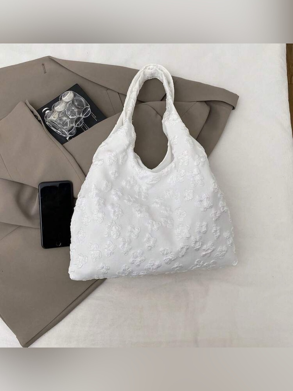 White Textured Floral Tote Bag